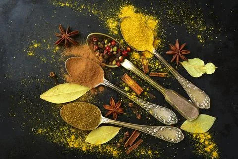 Set of  teaspoons with spices . Stock Photos