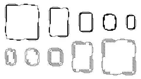 Set of tech frames isolated on white background. Hud frame with pcb elements. Illustrazione stock