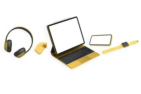 Set of tech gadgets including tablet, phone, watch, headphones on white Stock Illustration