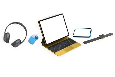 Set of tech gadgets including tablet, phone, watch, headphones isolated on wh Stock Photos
