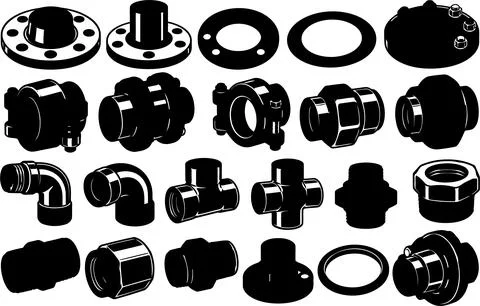 Set of technical engineering plumbing icons, mechanical pipe fittings, valv.. Stock Illustration