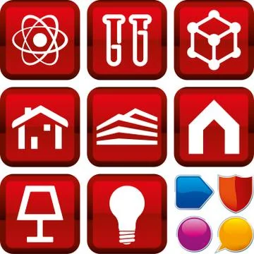Set of technical icons on square buttons. Geometric style. Stock Illustration