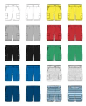 Set of technical sketch cargo shorts pants design template. Cargo Pants. Ilustración de archivo