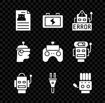 Set Technical specification, Battery, Error in robot, Robot, Electric plug Stock Illustration