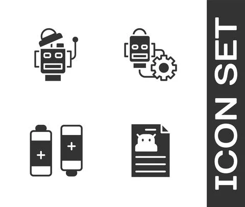 Set Technical specification, Robot, Battery and setting icon. Vector Stock Illustration