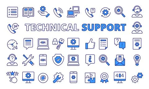 Set of Technical support icons in line design blue. Computer support,Tech Stock Illustration