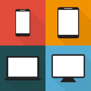 Set of techniques in flat, phones, tablets, monitors, laptops on colored ba.. Illustrazione stock