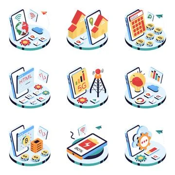 Set of Technology and Bitcoin Isometric Illustrations Stock Illustration