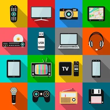 Set of technology and multimedia devices icons with long shadow effect Stock Illustration