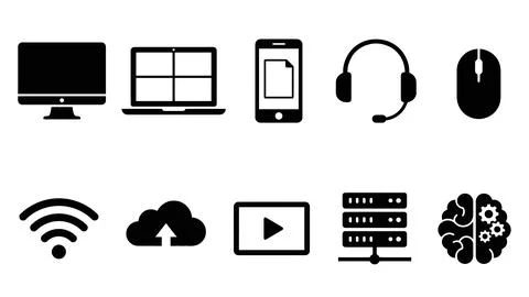 Set of technology and network vector icons, computer monitor, laptop with g.. Stock Illustration