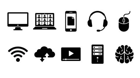 Set of technology and network vector icons, computer monitor, video confere.. Stock Illustration
