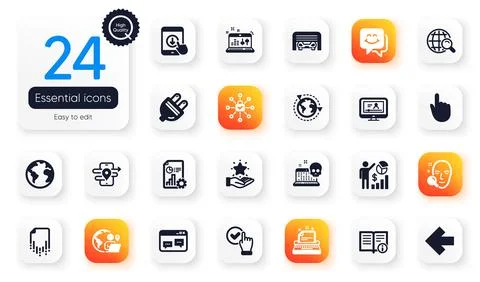 Set of Technology flat icons. Seo statistics, Outsourcing and Sound check Illustrazione stock