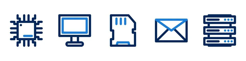 Set of technology icons. Chip, Computer monitor, Storage, Email, Server. Ve.. Stock Illustration