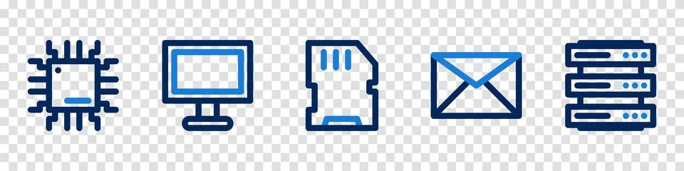 Set of technology icons. Chip, Computer monitor, Storage, Email, Server. Ve.. Stock Illustration