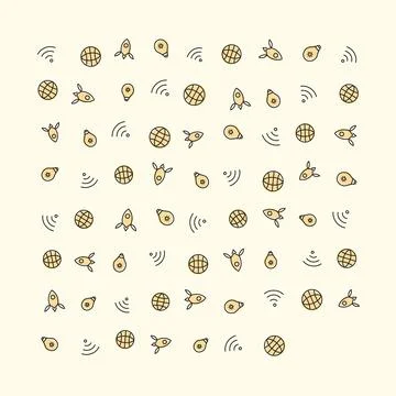 Set of Technology Icons Including Global Globes Rocket Ships Lightbulbs and.. Stock Illustration