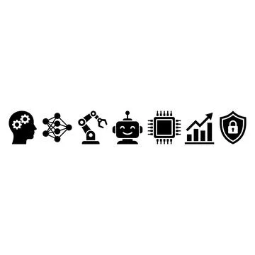 Set of technology icons including head with gears, neural network, robotic .. Stock Illustration