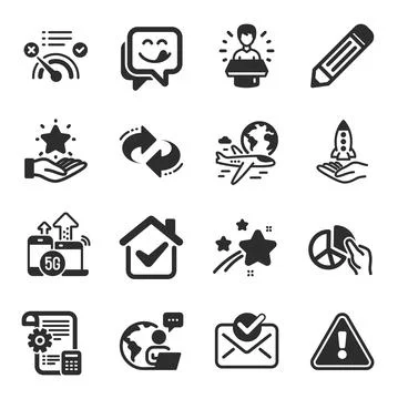 Set of Technology icons, such as 5g internet, Settings blueprint, Pencil symbols Illustration