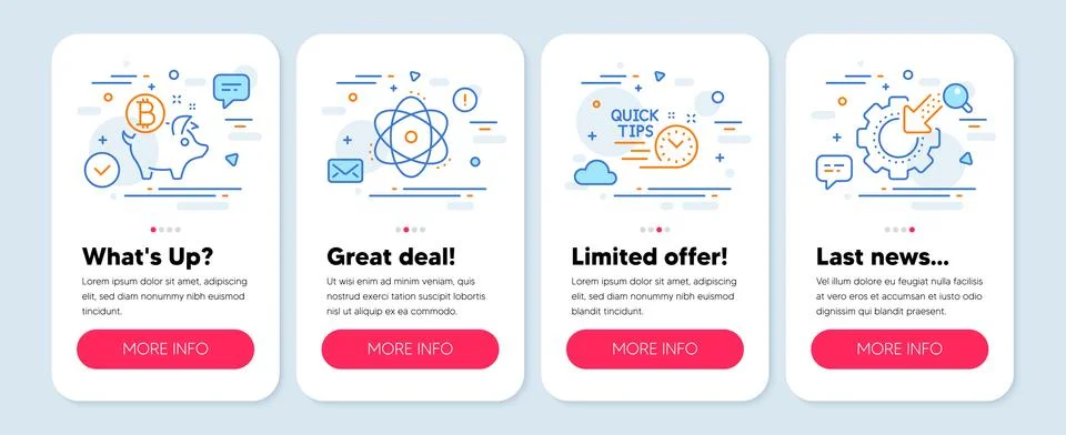 Set of Technology icons, such as Atom, Bitcoin coin, Quick tips symbols. Seo Illustrazione stock