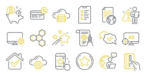 Set of Technology icons, such as Bitcoin coin, Chemical formula, Checklist Stock Illustration