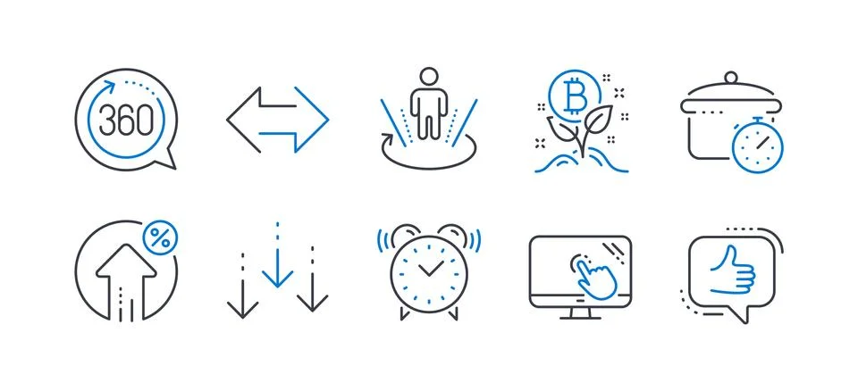 Set of Technology icons, such as Boiling pan, Loan percent, Scroll down. Vector Illustrazione stock