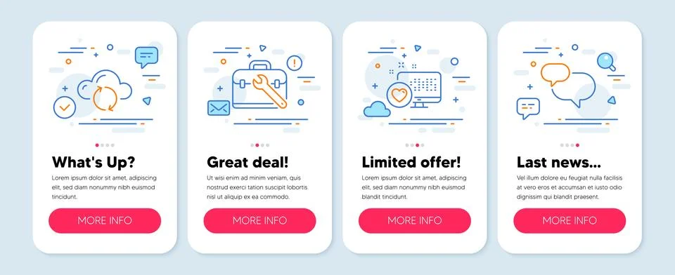 Set of Technology icons, such as Cloud sync, Tool case, Heart symbols. Chat Illustrazione stock