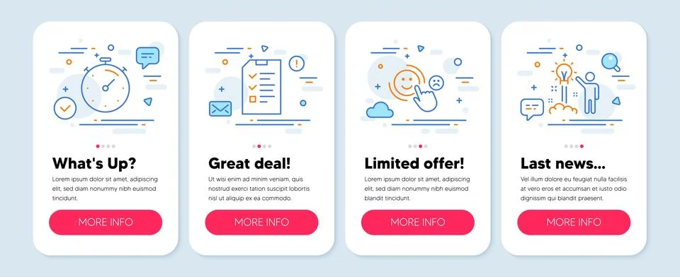 Set of Technology icons, such as Customer satisfaction, Interview, Timer symbols Stock Illustration