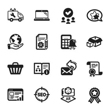 Set of Technology icons, such as Documentation, Calculator alarm, Packing boxes イラスト素材