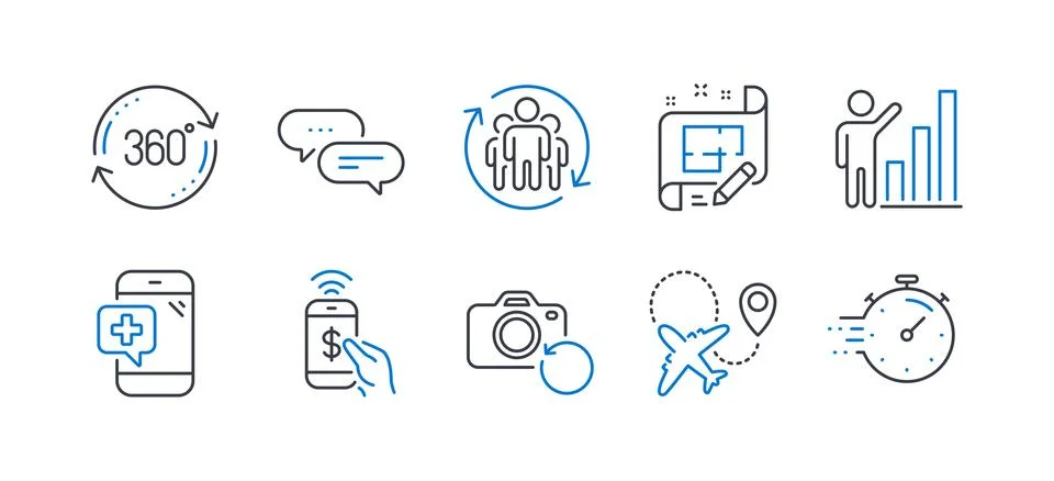 Set of Technology icons, such as Dots message, Airplane, Architect plan. Vector Stock Illustration
