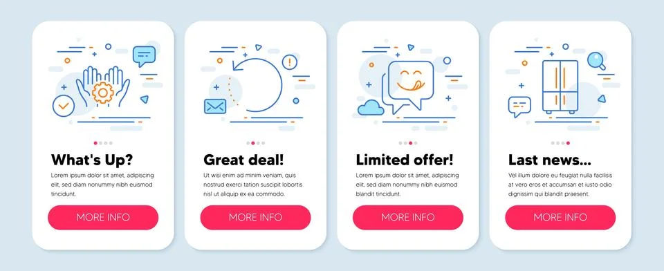 Set of Technology icons, such as Employee hand, Recovery data, Yummy smile Stock Illustration