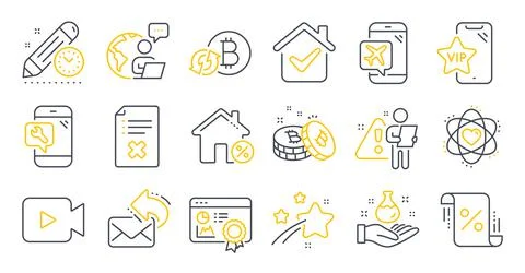 Set of Technology icons, such as Flight mode, Reject file, Atom symbols. Vector Stock Illustration