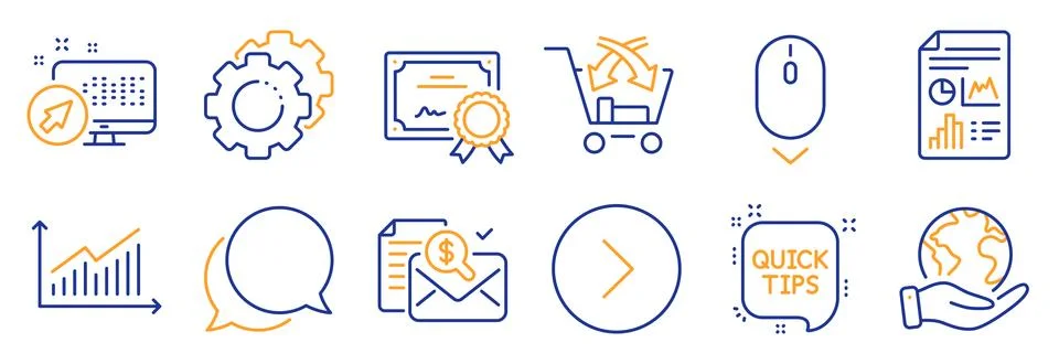 Set of Technology icons, such as Forward, Settings gears, Scroll down. Vector Stock Illustration