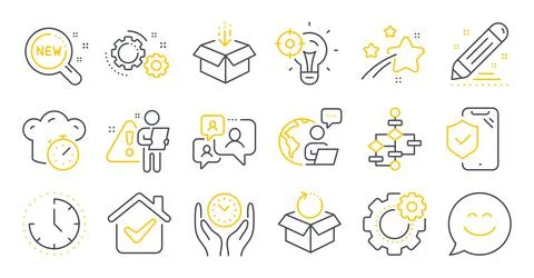 Set of Technology icons, such as Get box, Cooking timer, Seo idea symbols 스톡 일러스트