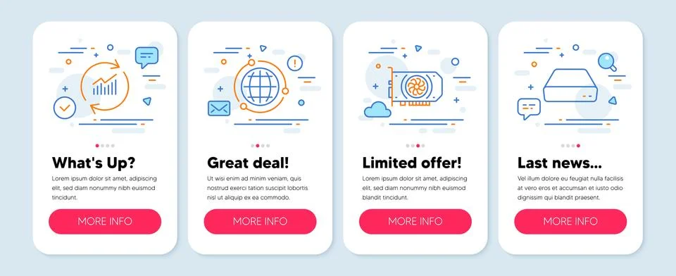 Set of Technology icons, such as Gpu, Update data, Globe symbols. Mini pc line Stock Illustration