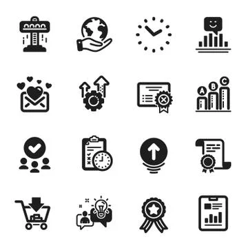 Set of Technology icons, such as Graph chart, Reject certificate, Attraction Stock Illustration