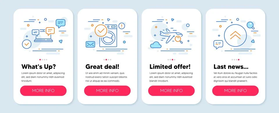 Set of Technology icons, such as Internet chat, Search flight, Washing machine Stock Illustration