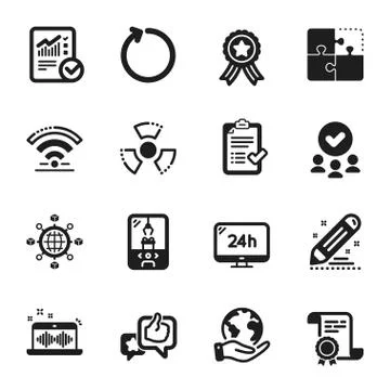 Set of Technology icons, such as Logistics network, Brand contract, Loop. Vector Illustrazione stock
