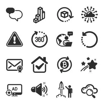 Set of Technology icons, such as Loud sound, Verified mail, Refresh bitcoin Stock Illustration
