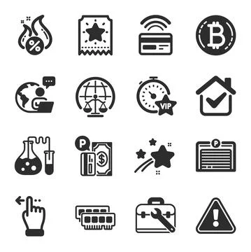 Set of Technology icons, such as Magistrates court, Contactless payment, Tool Illustrazione stock