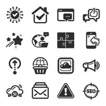 Set of Technology icons, such as Megaphone, Like, Incoming call symbols. Seo Stock Illustration