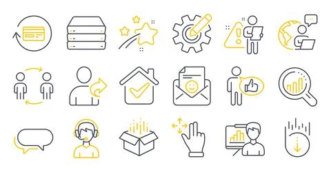 Set of Technology icons, such as Move gesture, Cogwheel, Servers symbols. Vector Illustrazione stock