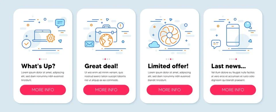 Set of Technology icons, such as Notebook service, Businessman case, Fan engine Stock-Illustration