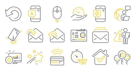 Set of Technology icons, such as Quick tips, Safe time, Ab testing symbols Illustrazione stock