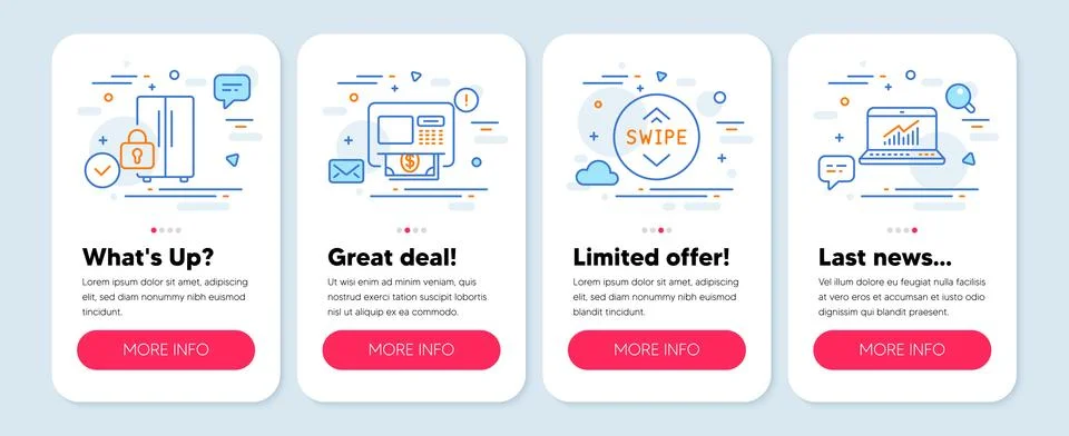 Set of Technology icons, such as Refrigerator, Atm, Swipe up symbols. Online Stock Illustration