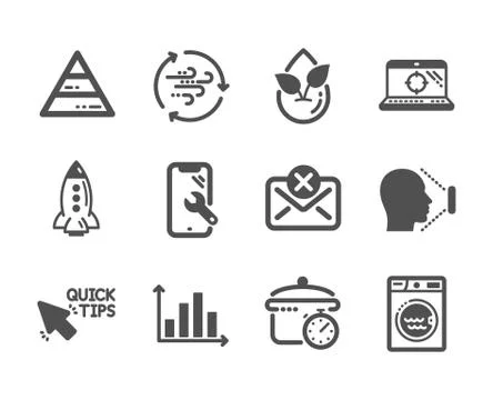 Set of Technology icons, such as Reject mail, Diagram graph, Quick tips. Vector Illustrazione stock