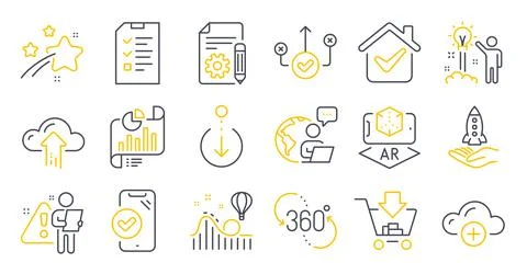 Set of Technology icons, such as Report document, Correct way, 360 degree Stock Illustration