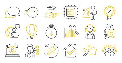 Set of Technology icons, such as Scroll down, Support, Dating chat symbols Stock Illustration