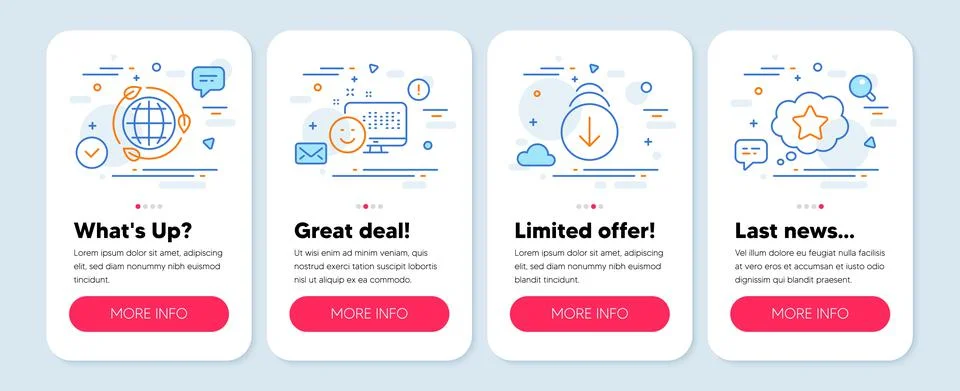 Set of Technology icons, such as Scroll down, Eco energy, Smile symbols. Loyalty Illustrazione stock