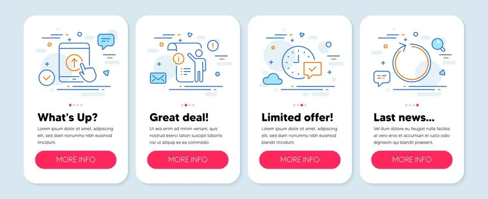 Set of Technology icons, such as Select alarm, Swipe up, Manual doc symbols Stock Illustration