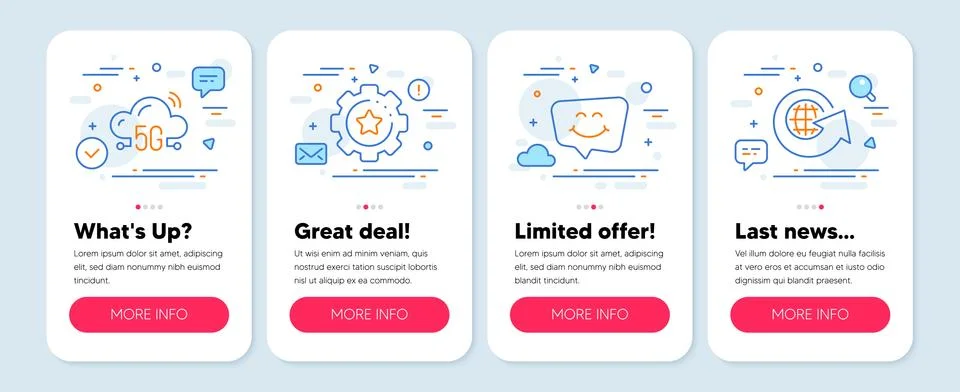Set of Technology icons, such as Settings gear, 5g cloud, Smile chat symbols Illustrazione stock