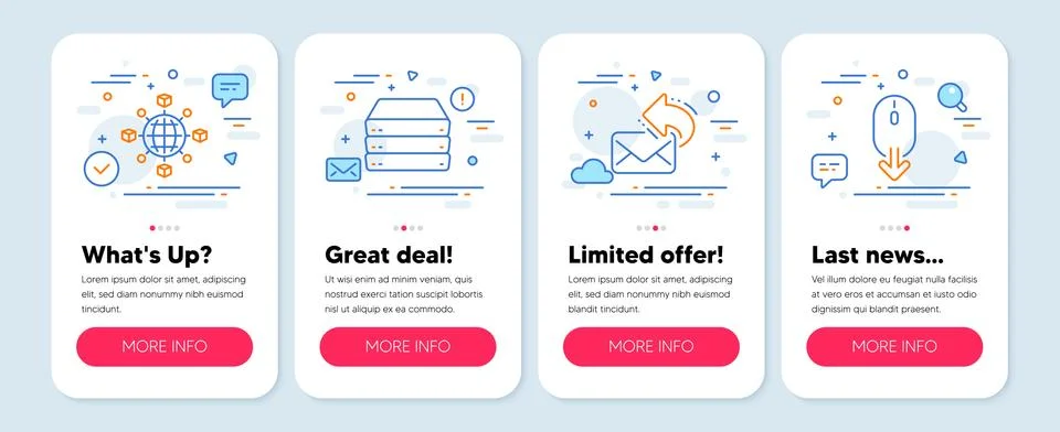 Set of Technology icons, such as Share mail, Logistics network, Servers symbols Illustration